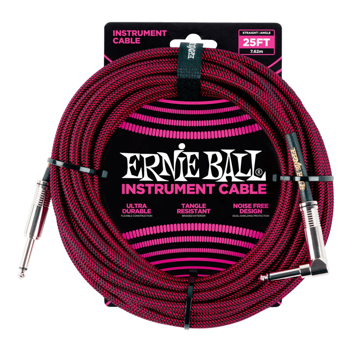 Ernie Ball 25′ Braided Straight/Angle Instrument Cable – Black/Red — view 1