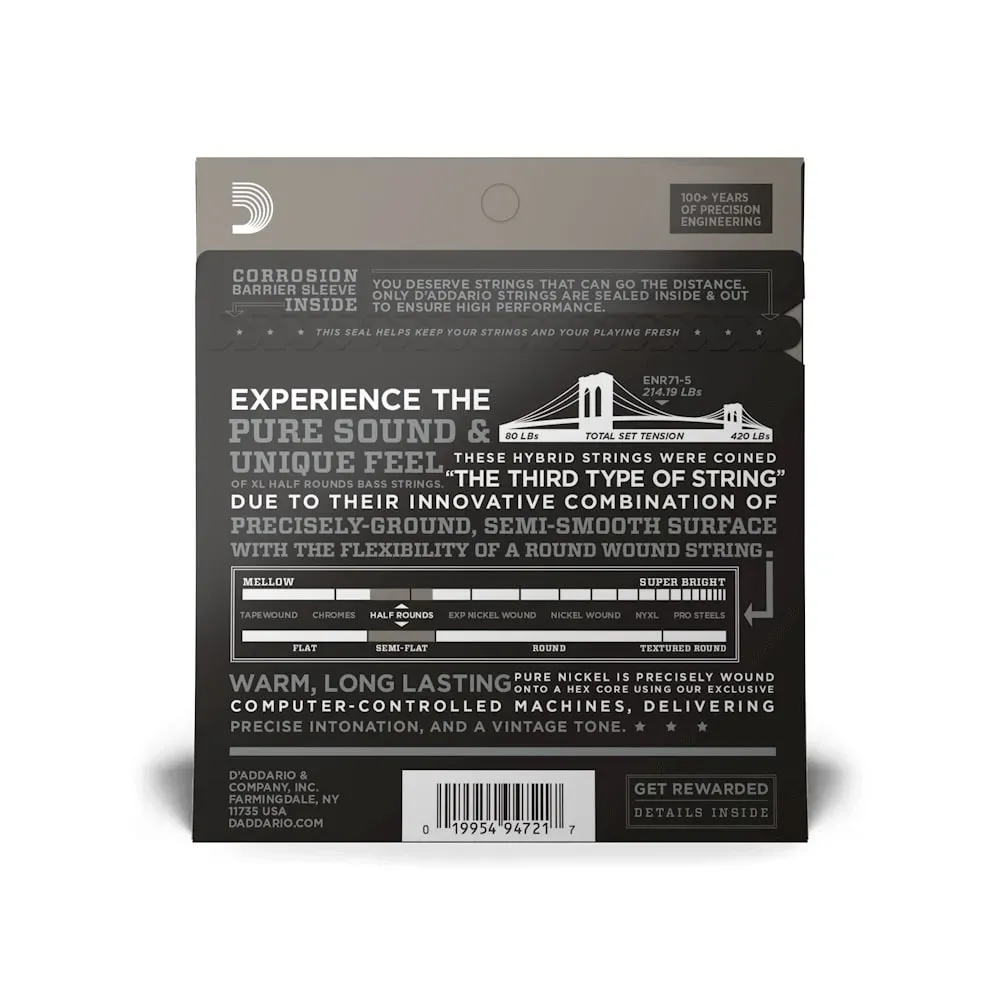 D'Addario XL Half Rounds Bass Guitar Strings - .045-.130 - 5-string — view 2