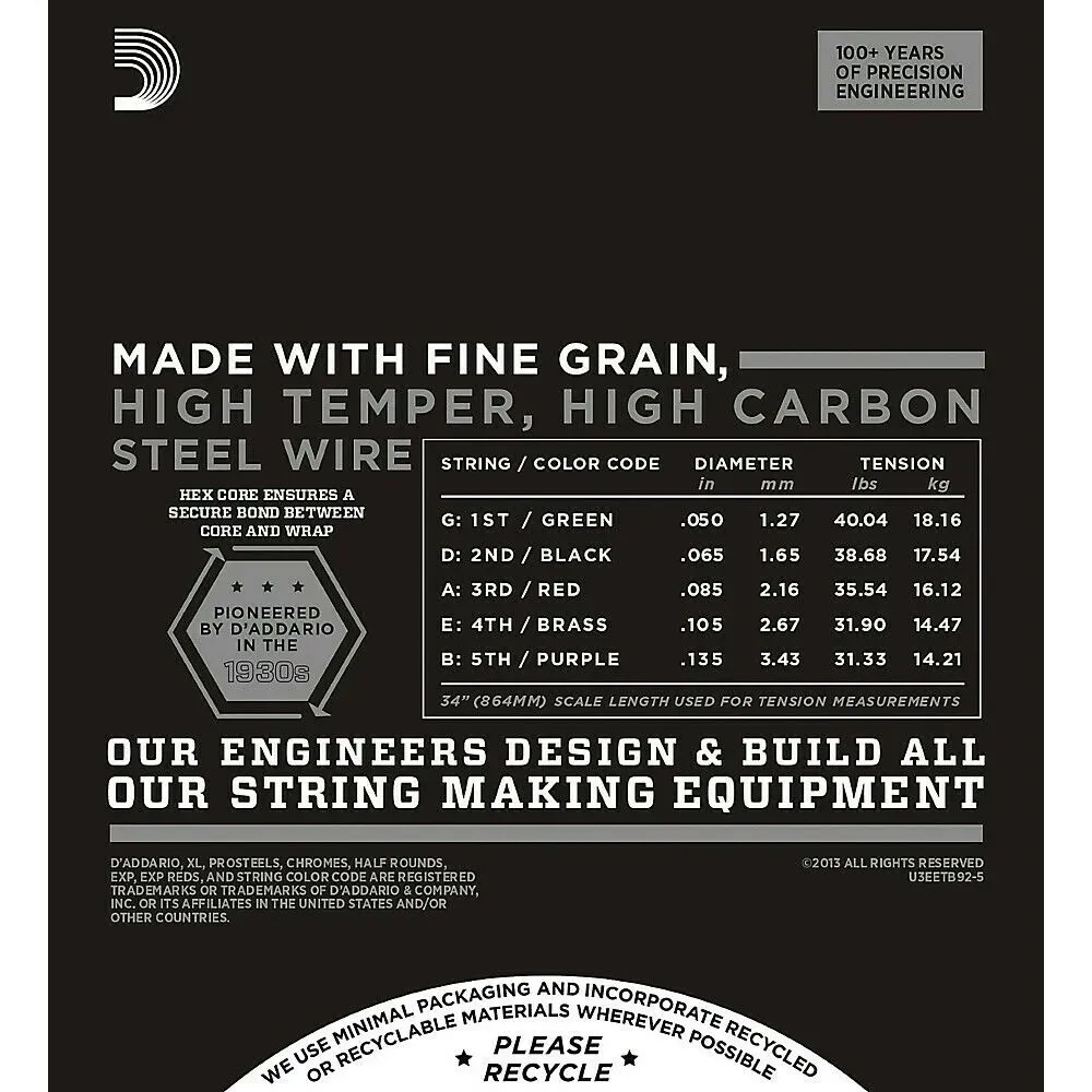 D’Addario ETB92-5 50-135 Tapewound Bass Medium Long Scale 5 String Bass Guitar Strings — view 2