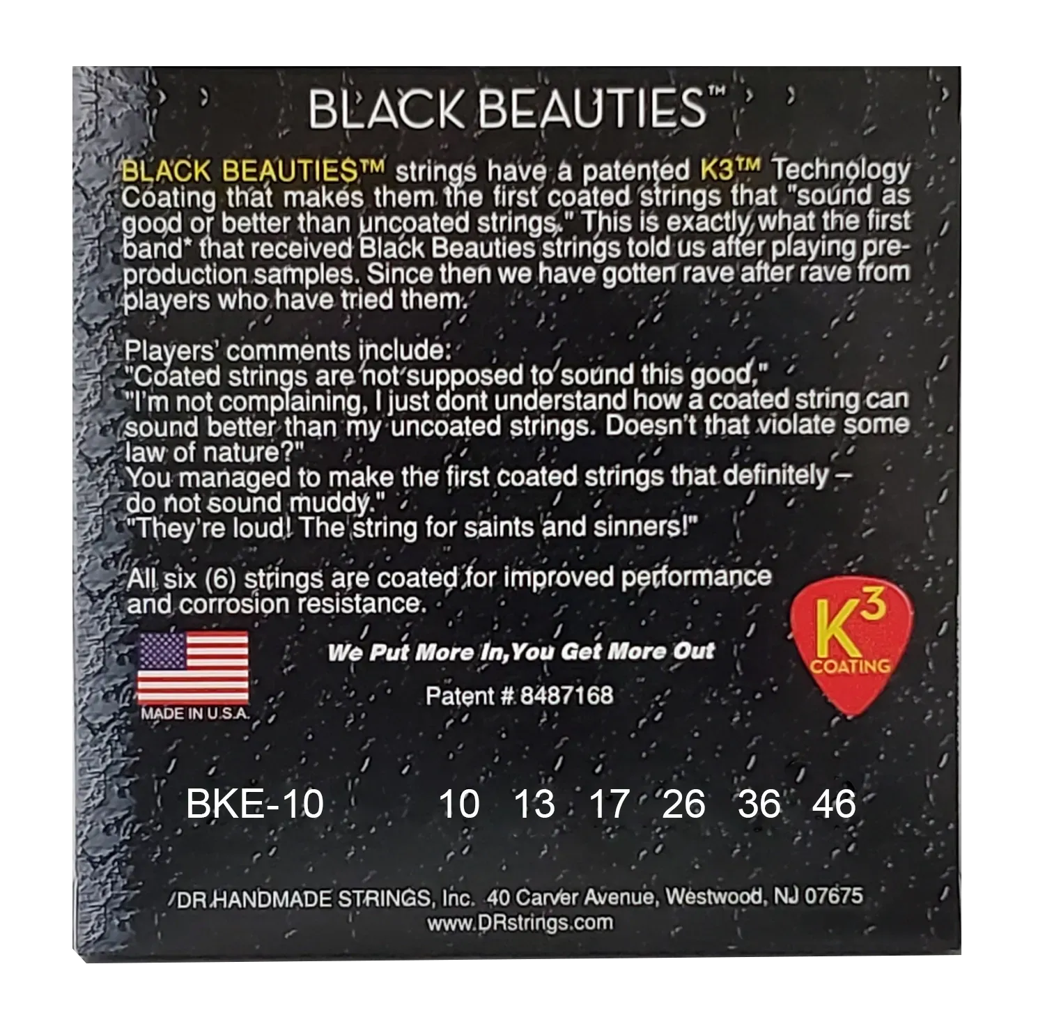 DR Strings BKE-10 Black Beauties K3 Coated Electric Guitar Strings - .010-.046 Medium — view 3