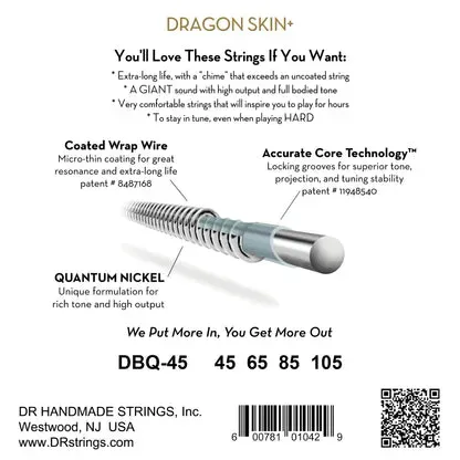 DR Strings Dragon Skin+ Coated 4 Bass Guitar Strings .045-.105 — view 3