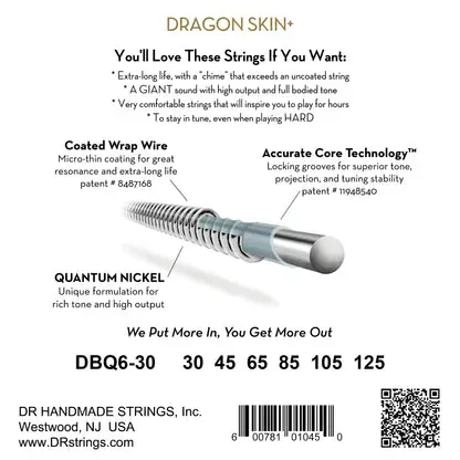 DR Strings Dragon Skin+ Coated 6 Bass Guitar Strings .030-.125 — view 3