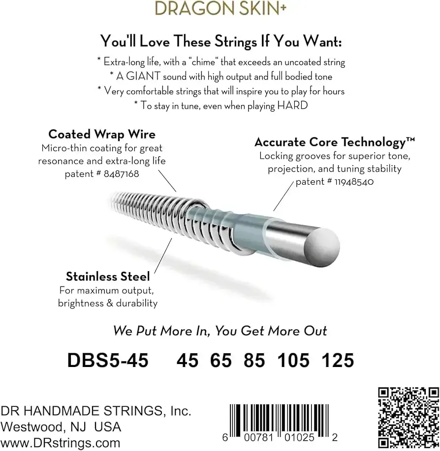 DR Strings Dragon Skin+ Coated 5-string Bass Strings - .045-.125 — view 2