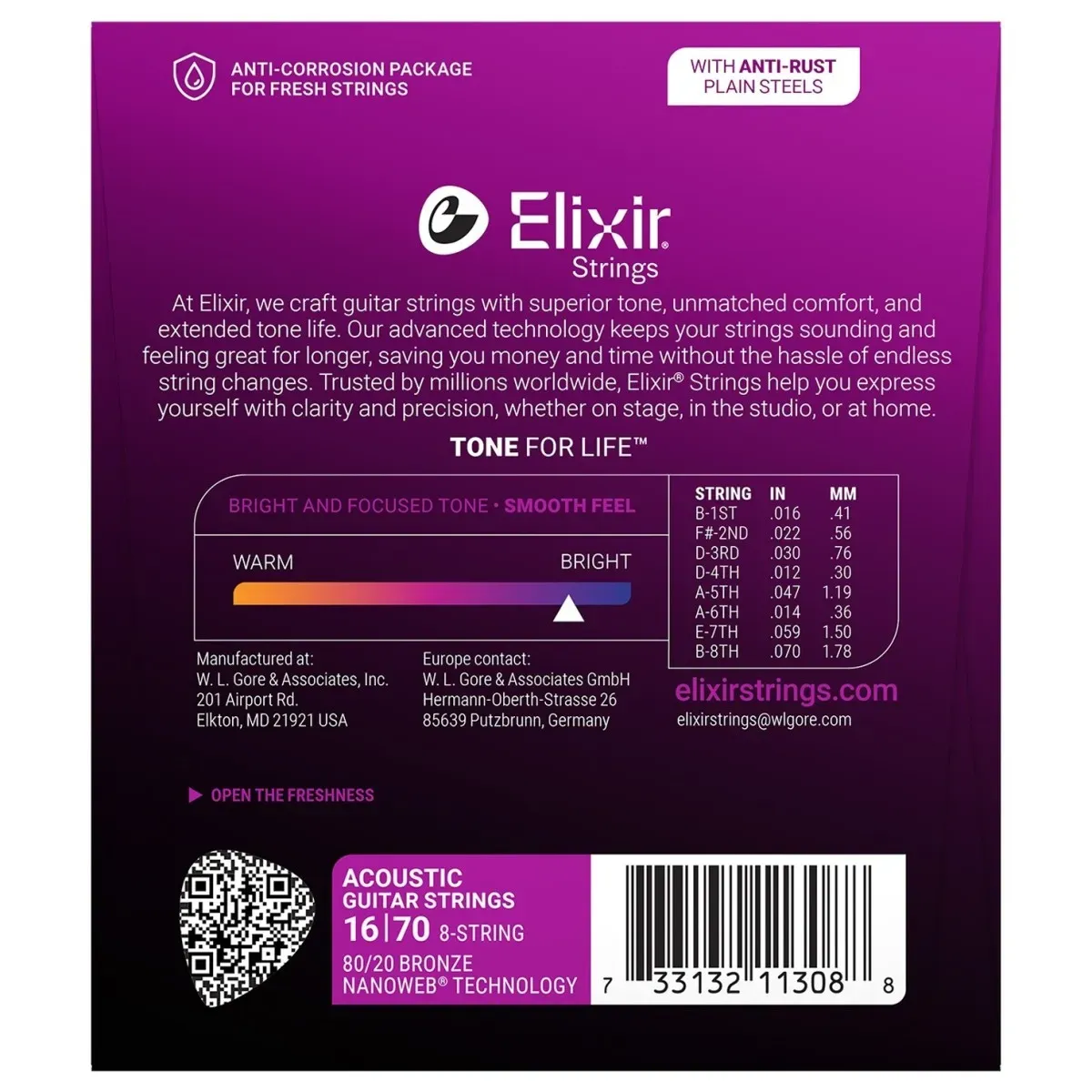 Elixir Strings Nanoweb 80/20 Bronze Acoustic Baritone Guitar Strings - .016-.070 8-string — view 2