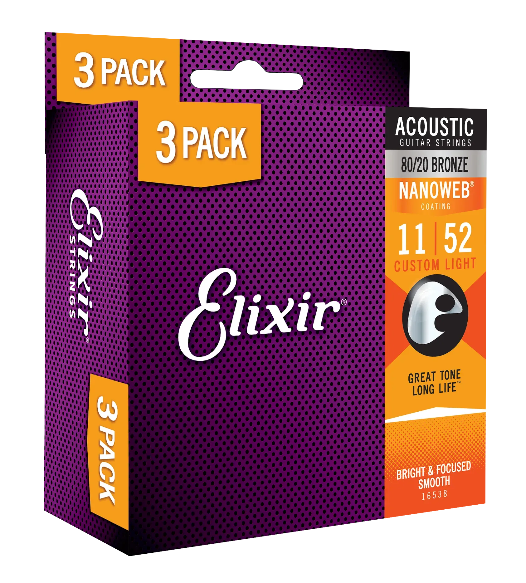 Elixir 16538 Nanoweb 80/20 Bronze Acoustic 11-52 3-Pack
