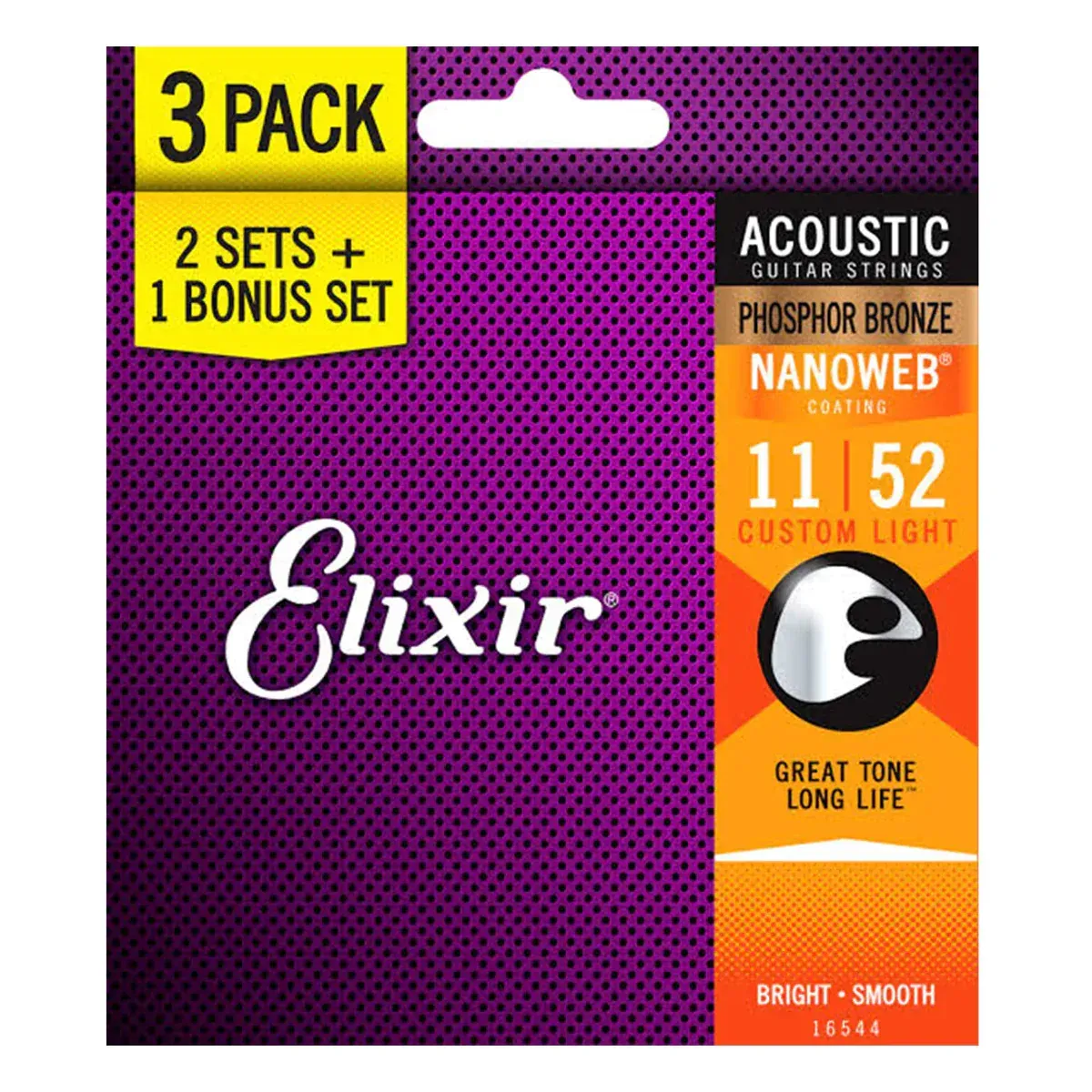 Elixir 16544 Nanoweb Acoustic Guitar Strings -.011-.052 3-pack