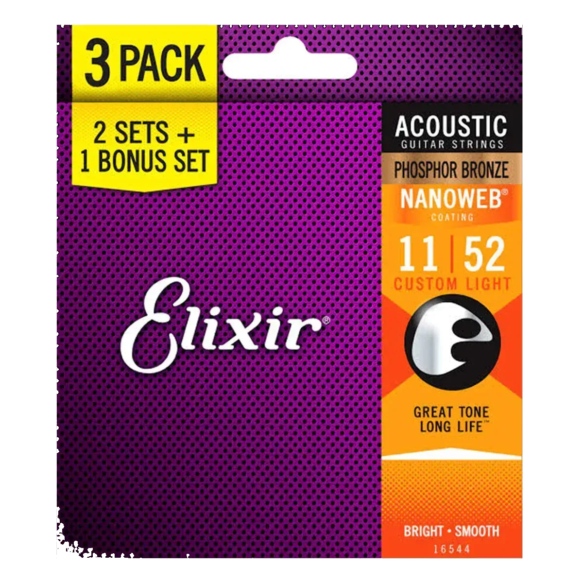 Elixir 16544 Nanoweb Acoustic Guitar Strings -.011-.052 3-pack