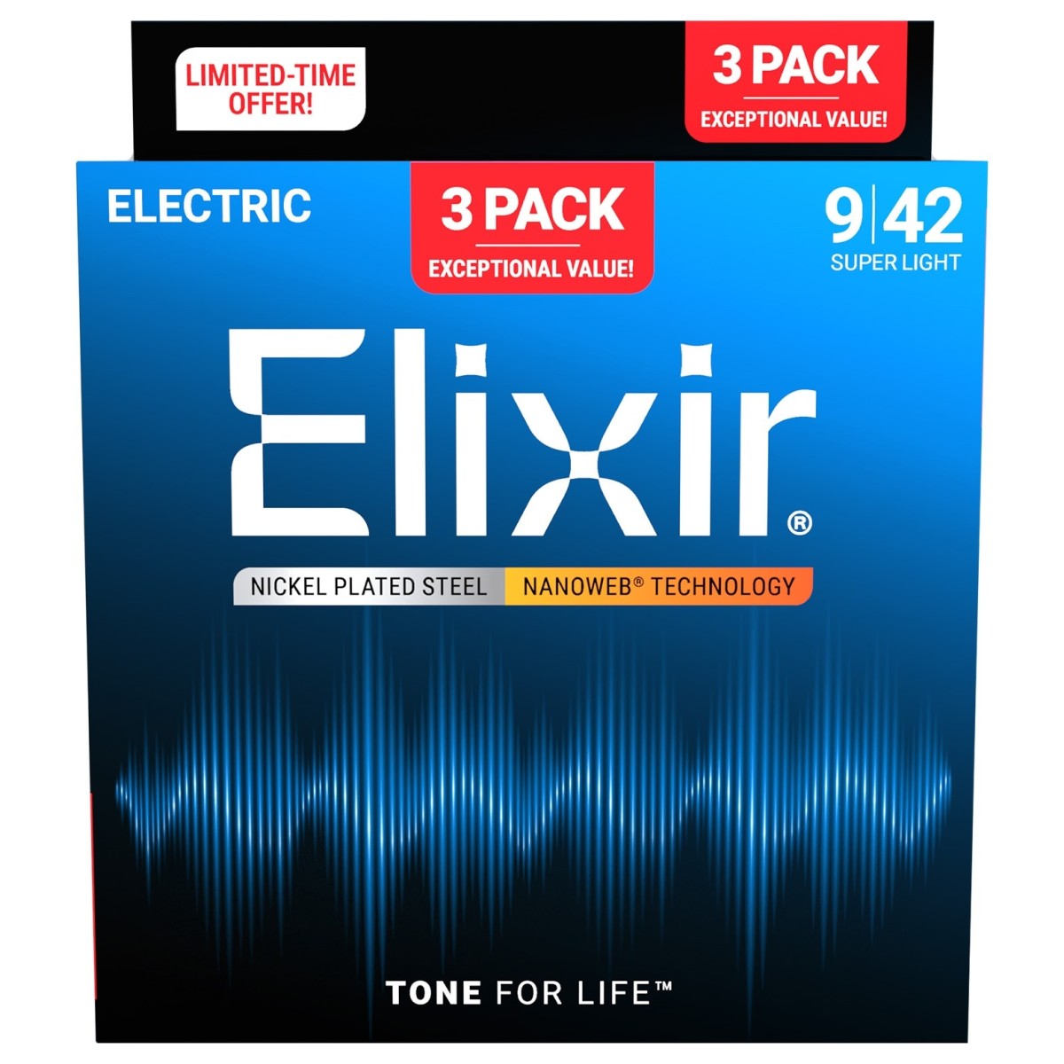 Elixir 16566 Electric Guitar Strings Nanoweb 9-42 – 3 Pack