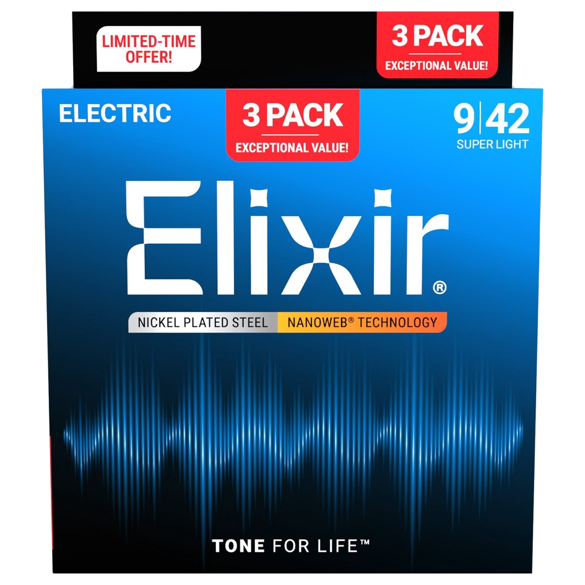 Elixir 16566 Electric Guitar Strings Nanoweb 9-42 – 3 Pack
