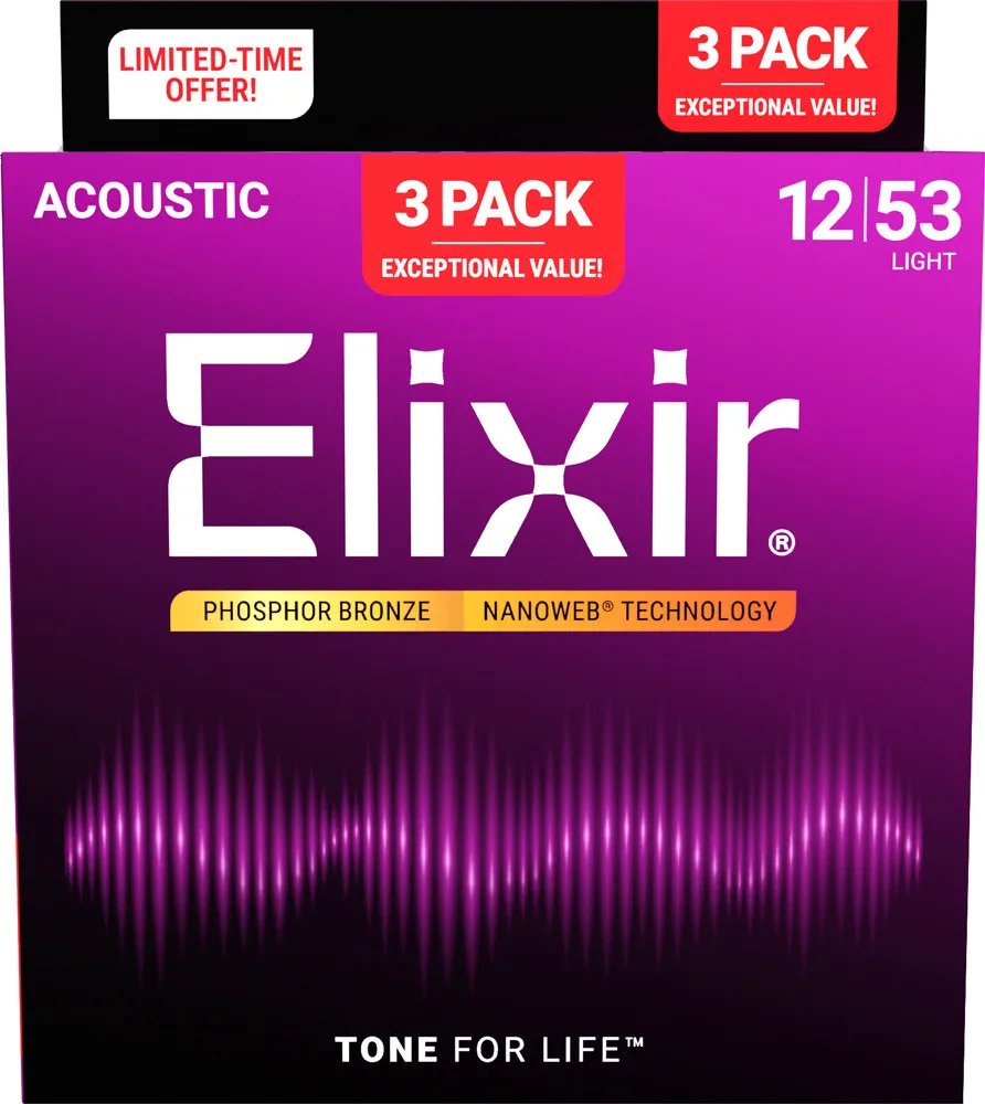 Elixir 3 Pack Phosphor Bronze Nanoweb Acoustic Guitar Strings Light – 12-53