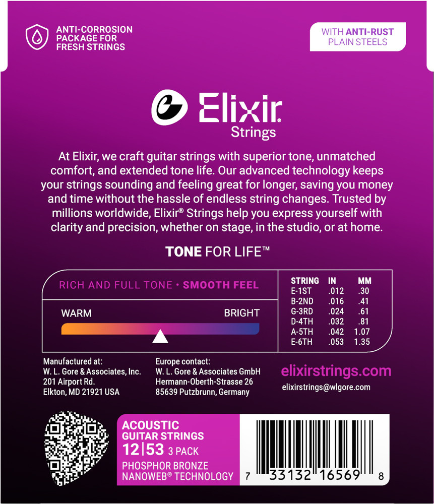 Elixir 3 Pack Phosphor Bronze Nanoweb Acoustic Guitar Strings Light – 12-53 — view 2