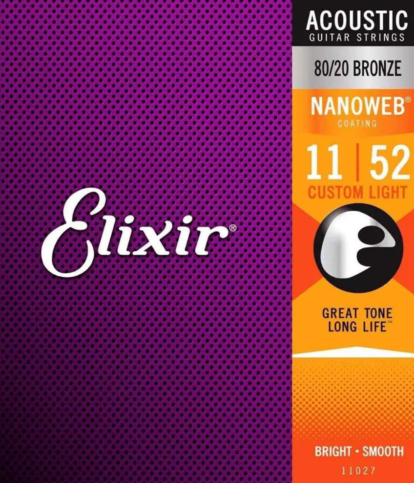 Elixir Nanoweb 80/20 Bronze Custom Light Acoustic Guitar Strings – (11-52)