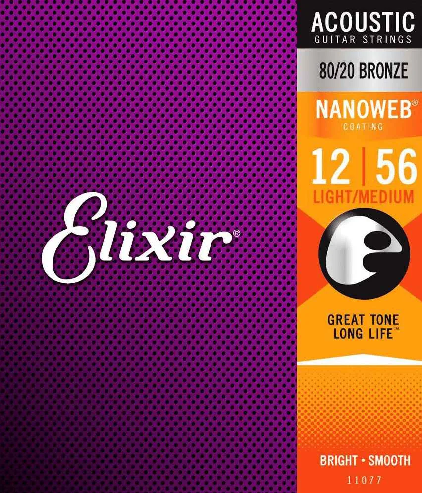 Elixir Nanoweb 80/20 Bronze Light/Medium Acoustic Guitar Strings – (12-56)