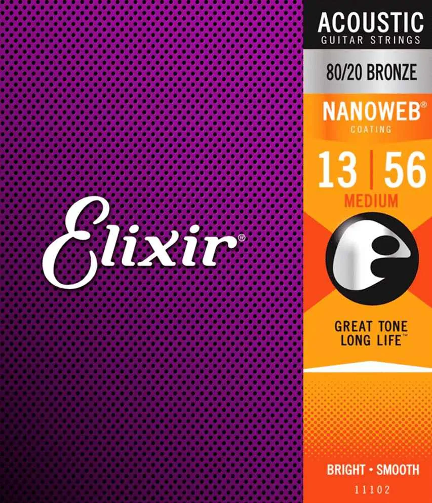 Elixir Nanoweb 80/20 Bronze Medium Acoustic Guitar Strings – (13-56)