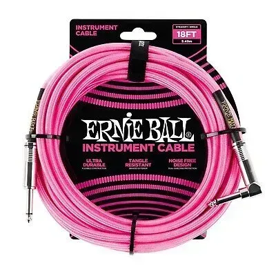 Ernie Ball Braided Straight to Right Angle Instrument Cable- 18 foot Neon Pink — view 1