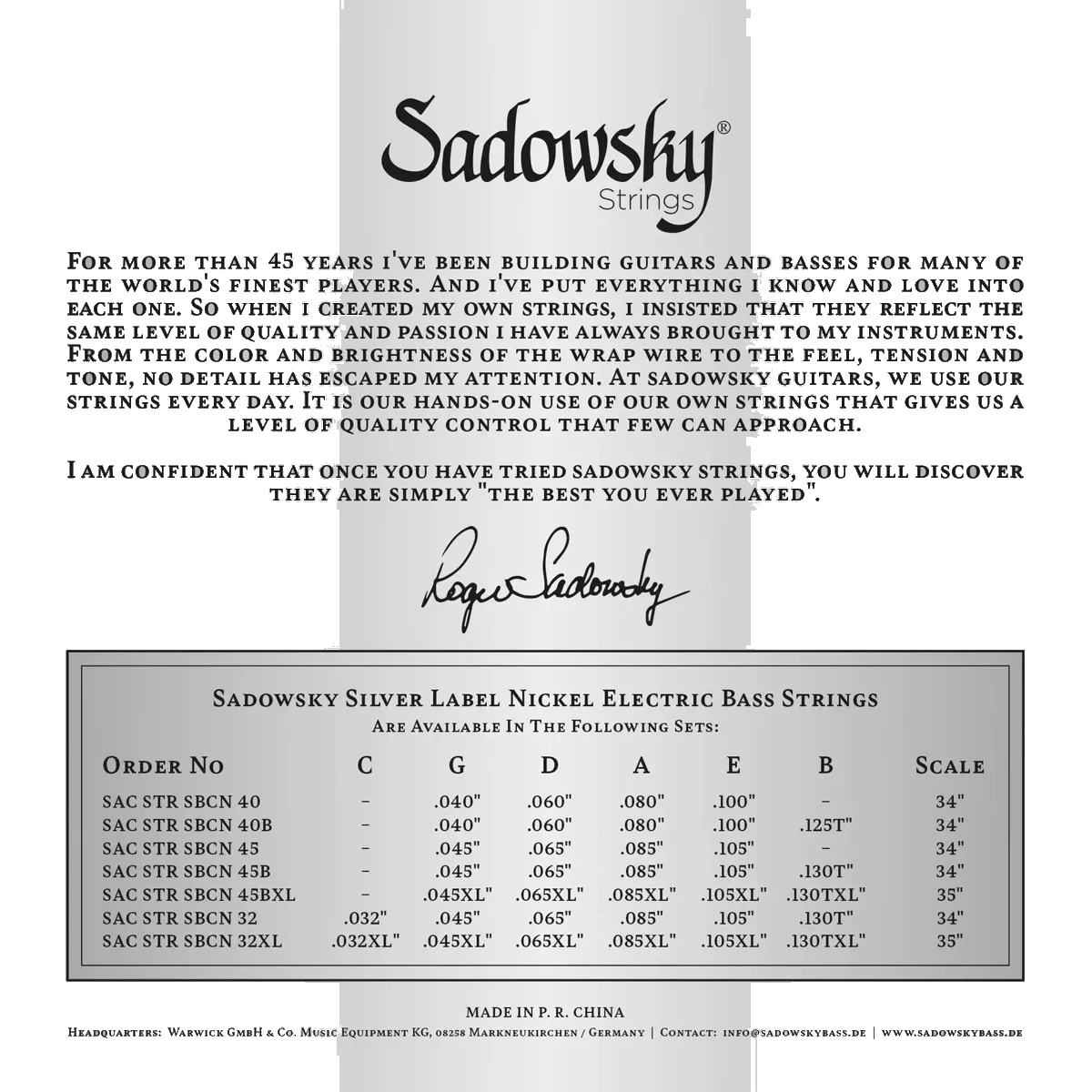 Sadowsky Silver Label Bass String Set – 4-String Nickel – Long Scale (34 inch) .045-.105 — view 2
