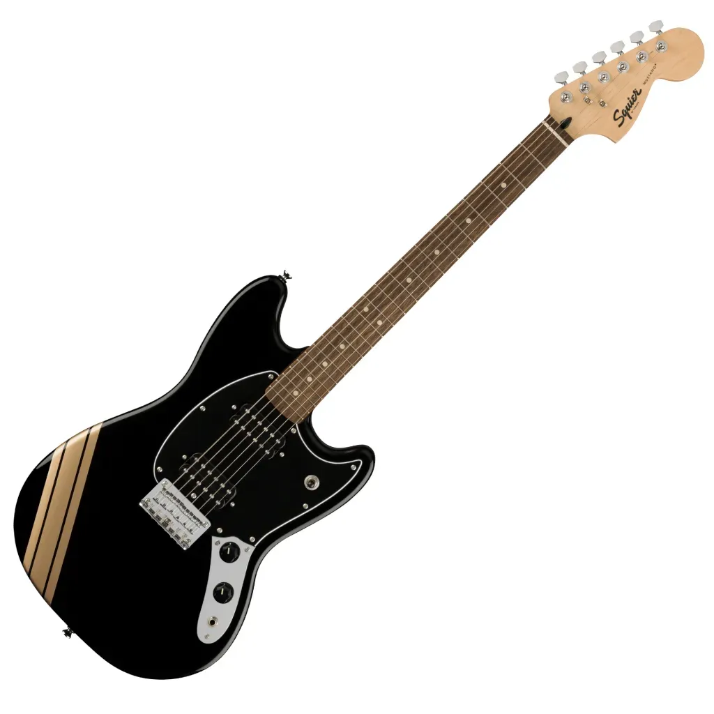 Fender Squier FSR Bullet Mustang HH Electric Guitar - Black w/ Gold Competition Stripes — view 2