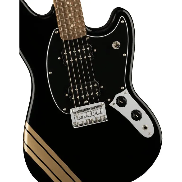 Fender Squier FSR Bullet Mustang HH Electric Guitar - Black w/ Gold Competition Stripes — view 3