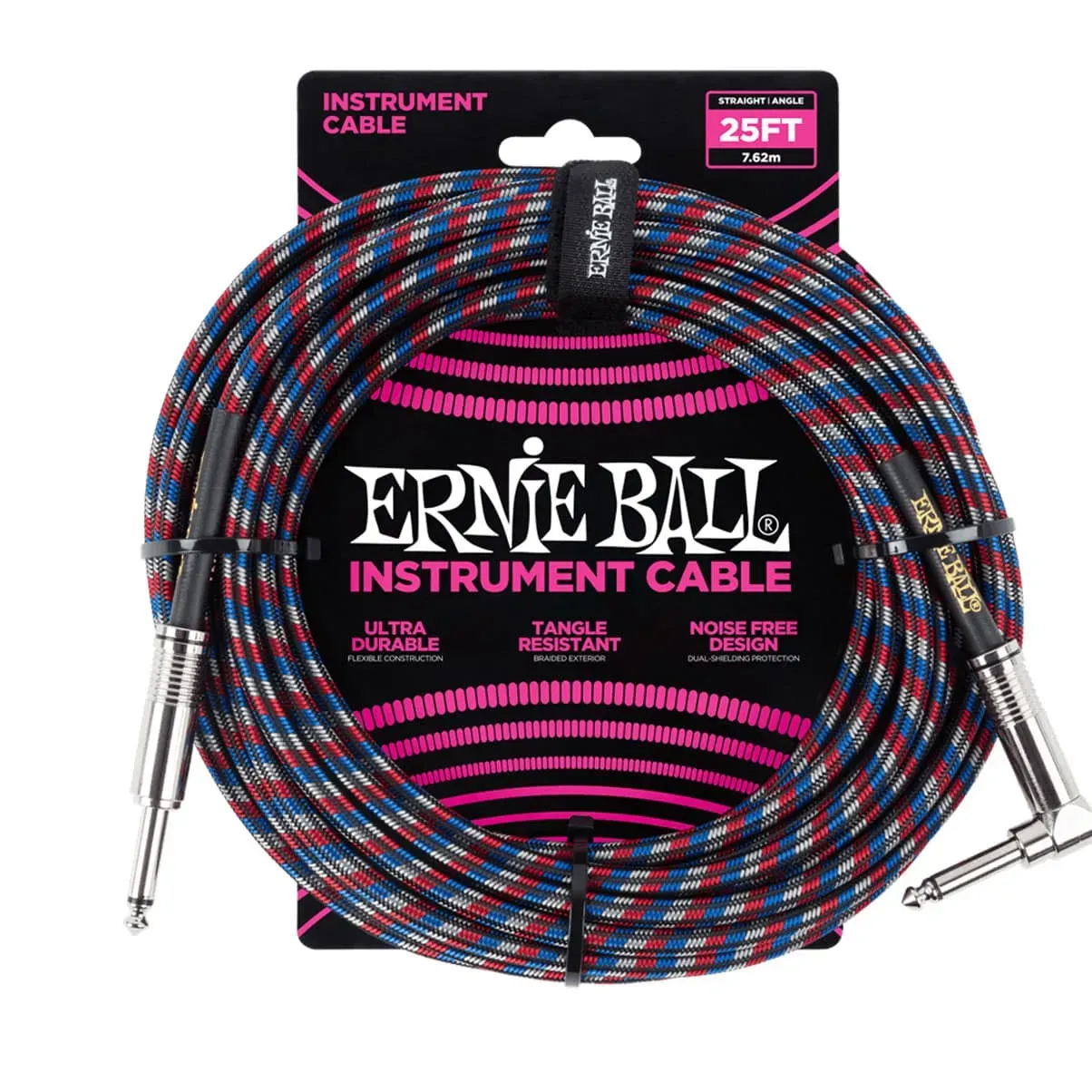 Ernie Ball 7.6m Braided Straight/Angled Instrument Cable – Black/Red/Blue/White — view 1