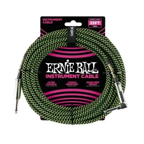 Ernie Ball -25ft Braided Straight/Angle Instrument Cable – Black/Green — view 1
