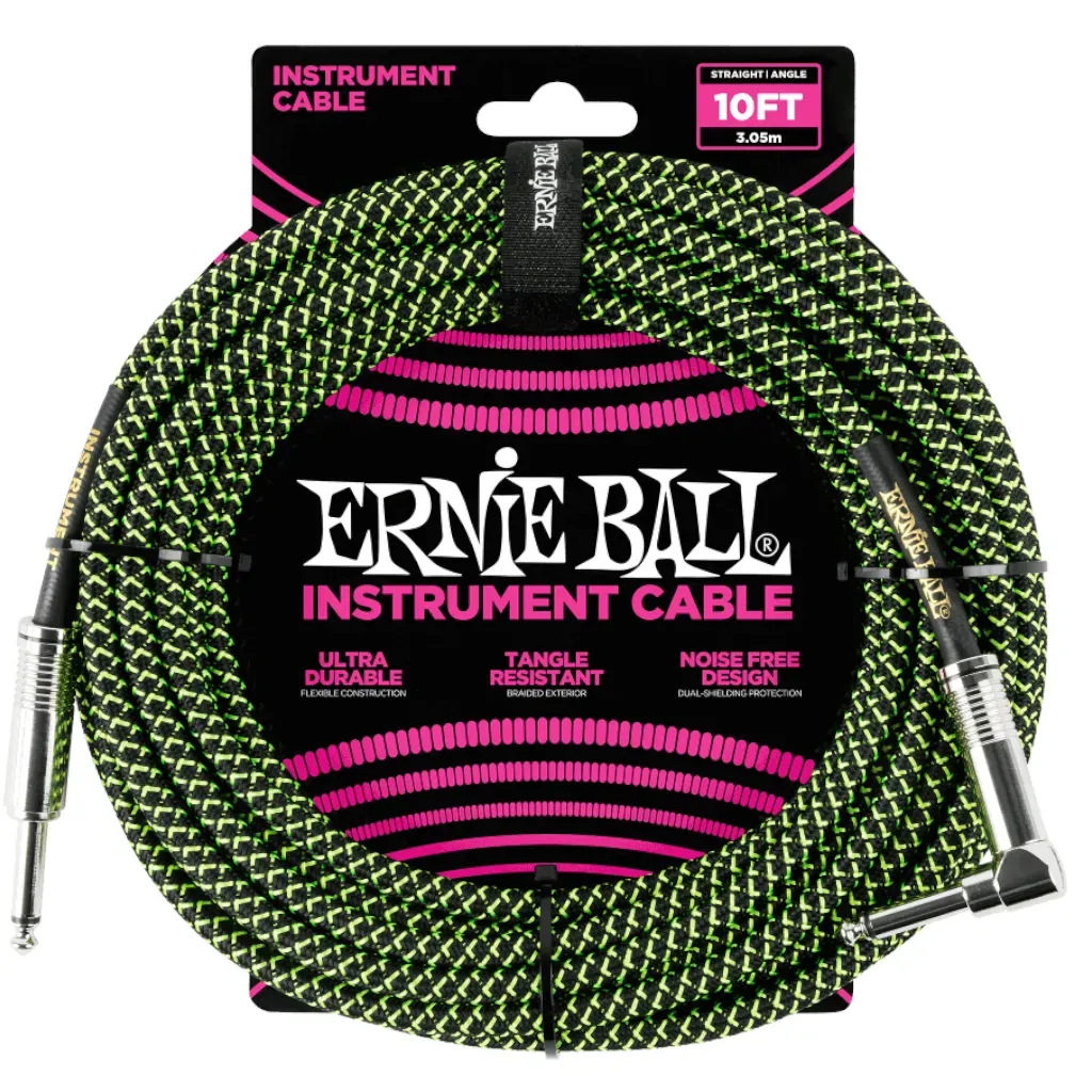 Ernie Ball 3m Braided Straight/Angle Instrument Cable – Black and Green — view 1