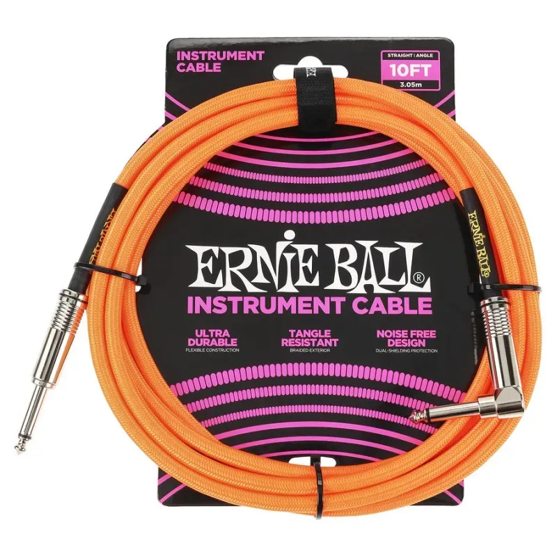 Ernie Ball Braided Straight to Right Angle Instrument Cable - 10 foot Neon Orange — view 1