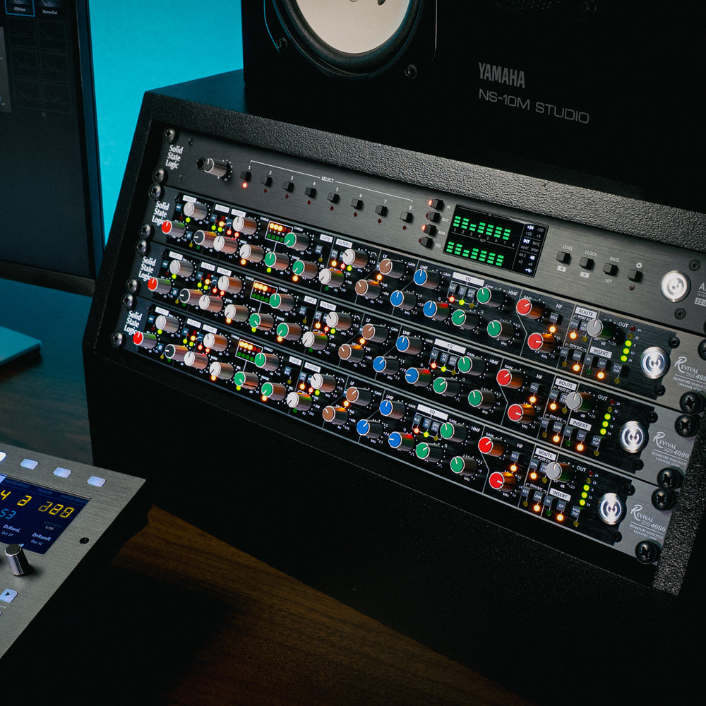 Solid State Logic 500 Series rack in a studio