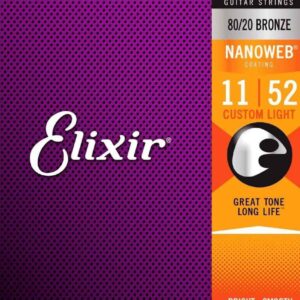 Elixir Nanoweb 80/20 Bronze Custom Light Acoustic Guitar Strings – (11-52)